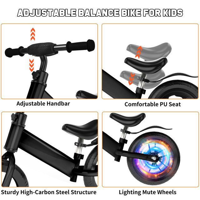 Kids 12inch Balance Bike Colorful Lighting up Wheels No Pedal Bikes for 2 3 4 5 Toddlers Boys Girls, Black