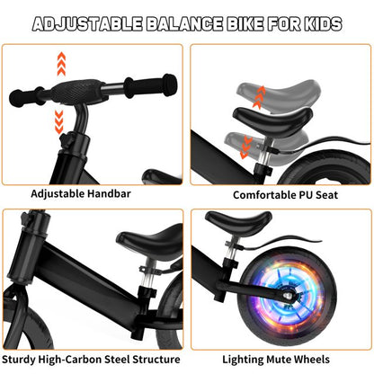 Kids 12inch Balance Bike Colorful Lighting up Wheels No Pedal Bikes for 2 3 4 5 Toddlers Boys Girls, Black