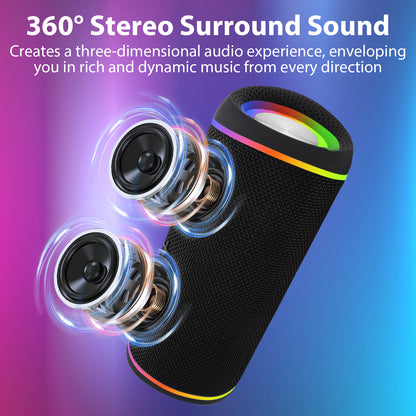 Portable Bluetooth Speaker, Wireless Speaker with RGB Lights, Bluetooth 5.3 TWS Waterproof Speaker for Gifts Outdoor Beach Camping Home Party, Black