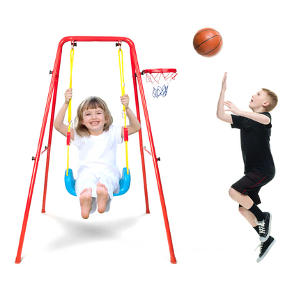 Swing Sets for Kids, Heavy Duty Metal Swing Sets with Basketball Hoop, Outdoor Kids Playsets for Playground, Outdoor Kids Swing Sets with Ground Stakes, Outside Toys for Kids Girls Boys Ages 3-10