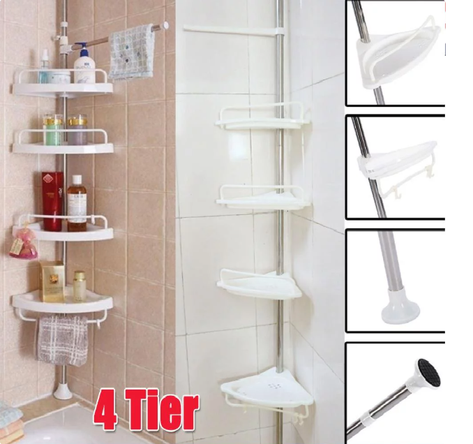 Akozon Tension Corner 4 Tier Adjustable Metal Shower Caddy, White