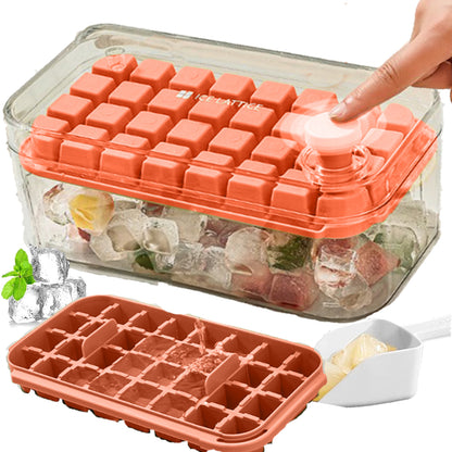 Ice Cube Tray for Freezer, 64 Nuggets Ice Cubes Molds with Lid and Bin, Silicone Ice Freezer Container, Spill- Removable Lid & Ice Scoop, for Whiskey,Cocktail ,Orange