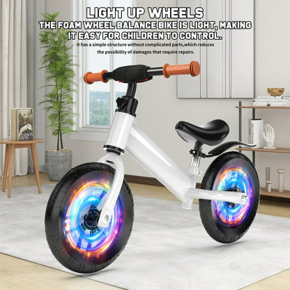 Kids 12inch Balance Bike Colorful Lighting up Wheels No Pedal Bikes for 2 3 4 5 Toddlers Boys Girls, White