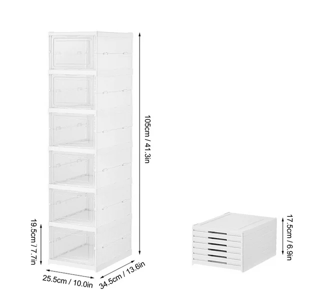 Fyydes 6 Tier Drop Front Shoe Storage Boxes, No Assembly Stackable Shoe Organizer Bins with Door, Flooring Standing Shoe Shelf Cabinet with Lids for Closet Entryway