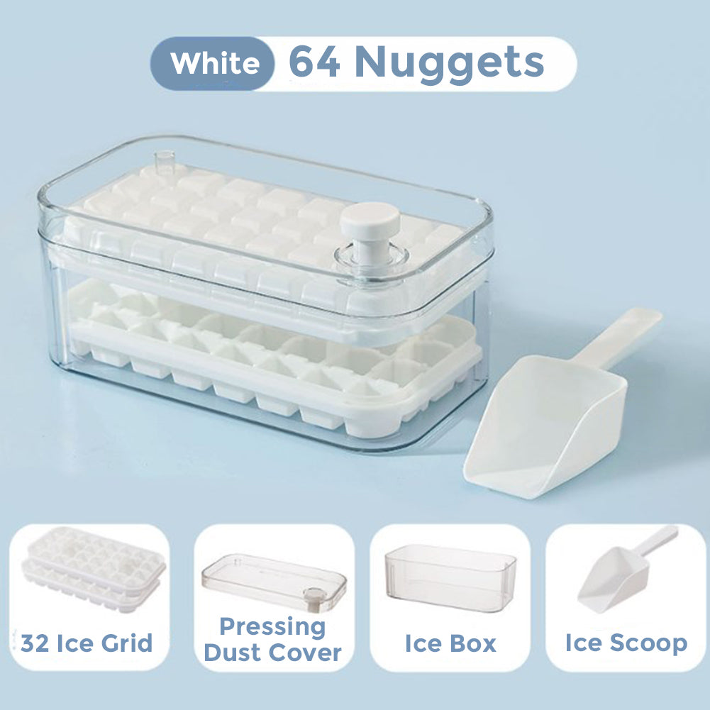 64 Nuggets Ice Cubes Molds,Silicone Ice Cube Trays with Lid & Ice Scoop, Ice Freezer Container, for Whiskey,Cocktail,White