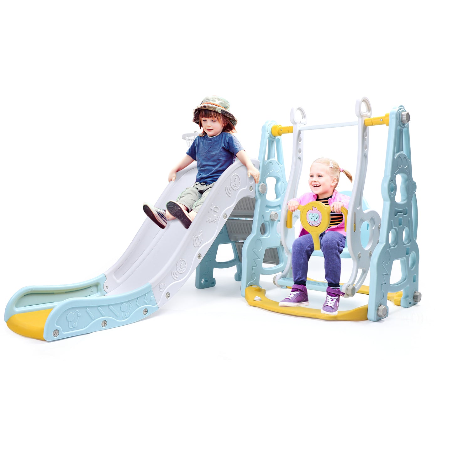 Crtynell 4 in 1 Toddler Slide and Swing Set Kid Slide for Toddlers Age 1-3 Baby Slide with Basketball Hoop, Indoor Outdoor Slide Toddler Playset Toddler Playground