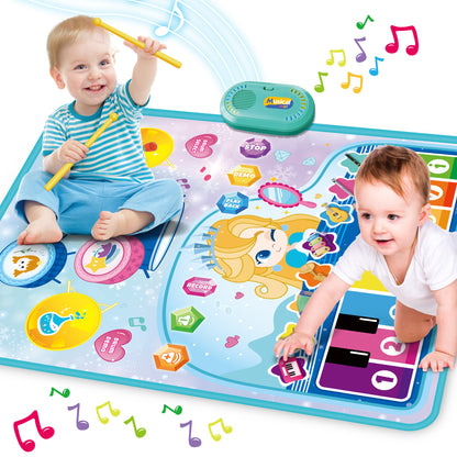 Baby Music Play Mat 35.4" x 27.5" with 8 Instrument Sounds, Piano Drum & 2 Sticks, Record Play Back - Educational Learning Toy for 1 2 3 Years Old - Toddlers Birthday Gift