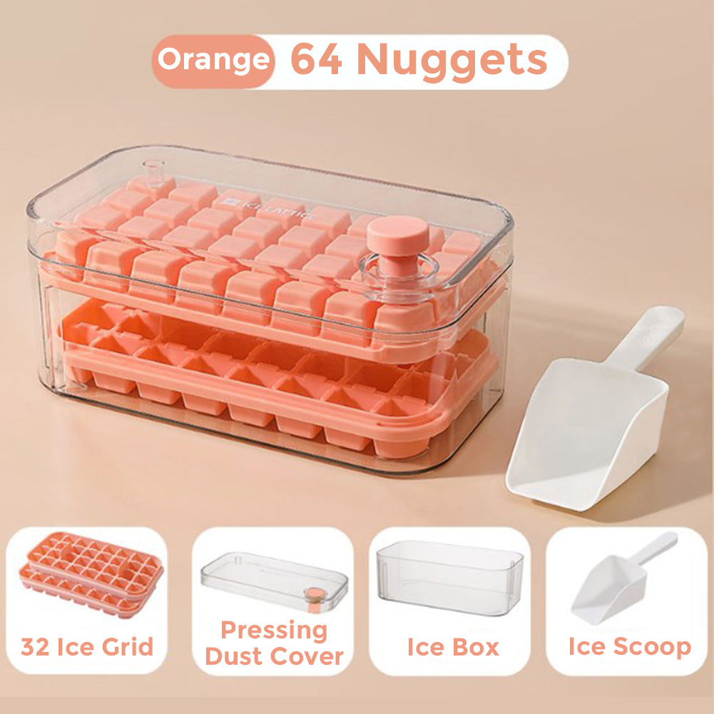 Ice Cube Tray for Freezer, 64 Nuggets Ice Cubes Molds with Lid and Bin, Silicone Ice Freezer Container, Spill- Removable Lid & Ice Scoop, for Whiskey,Cocktail ,Orange