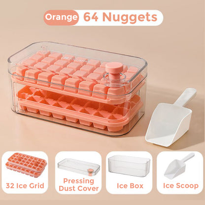 Ice Cube Tray for Freezer, 64 Nuggets Ice Cubes Molds with Lid and Bin, Silicone Ice Freezer Container, Spill- Removable Lid & Ice Scoop, for Whiskey,Cocktail ,Orange