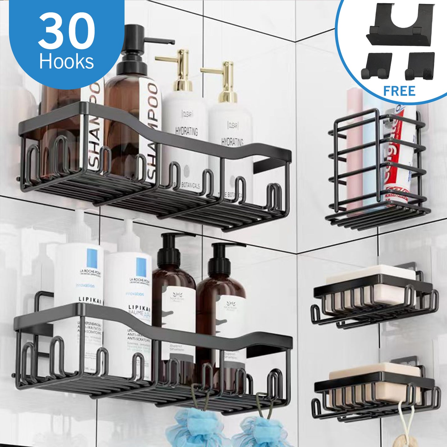 Shower Caddy, Shower Shelves 8 Pack, Adhesive Shower Organizer for Bathroom & Kitchen, No Drilling, Large Capacity, Rustproof Stainless Steel Bathroom Organizer, Bathroom