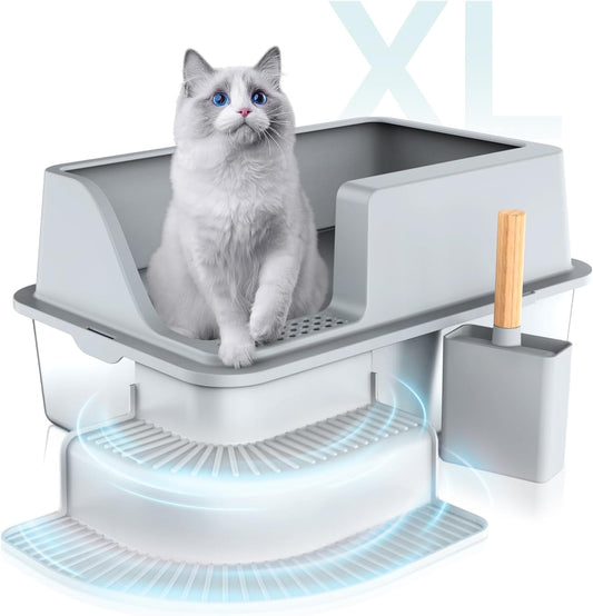 ZAQW Large Stainless Steel Litter Box, XL Extra Large Stainless Steel Cat Litter Box for Big Cats, High Sides Metal Litter Box, Anti-Leakage, Easy Cleaning, Odor-Resistant, Scoop, and Mat Set