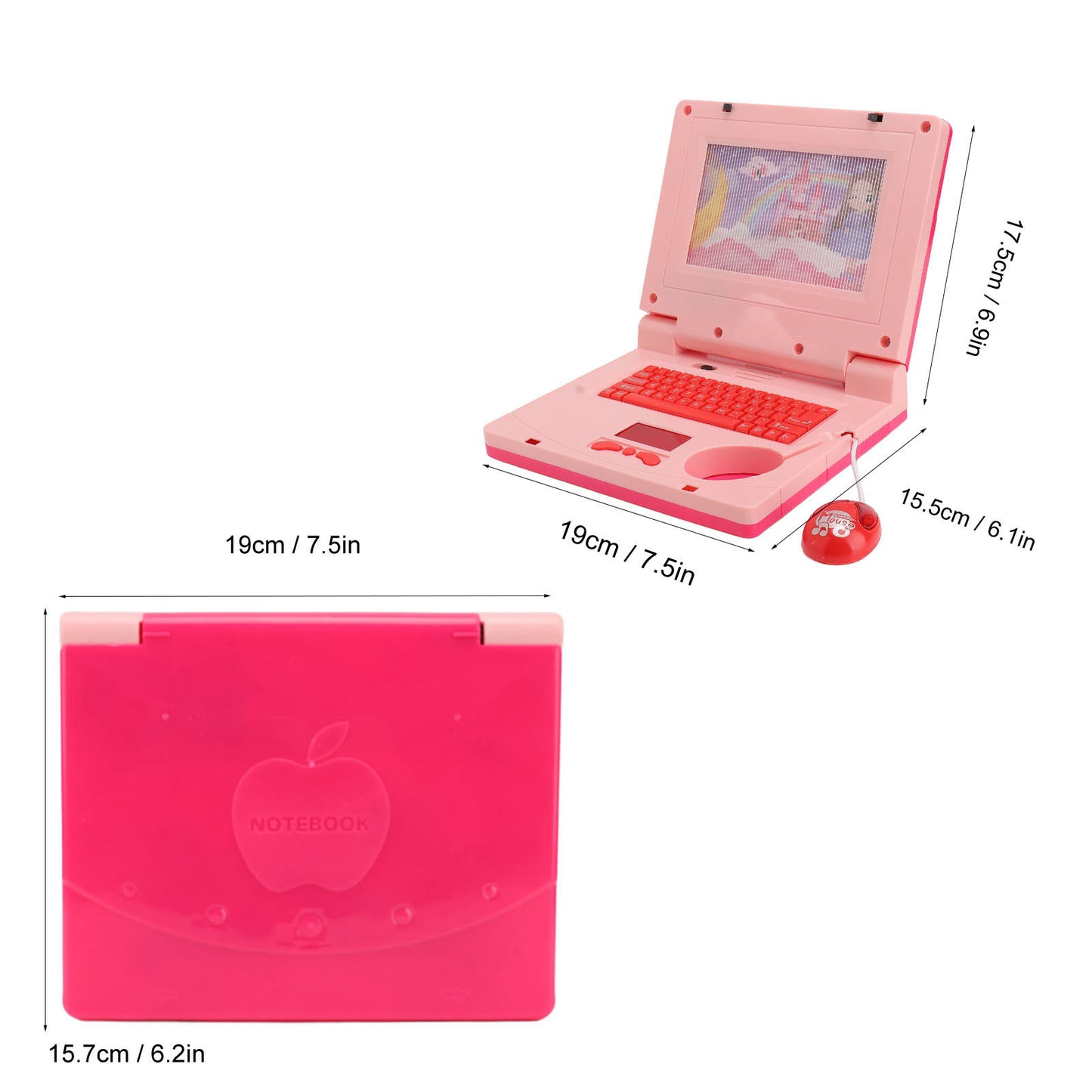 Learning Computer, LED Kids Learning Laptop For Early Learning Pink Non Retractable Mouse