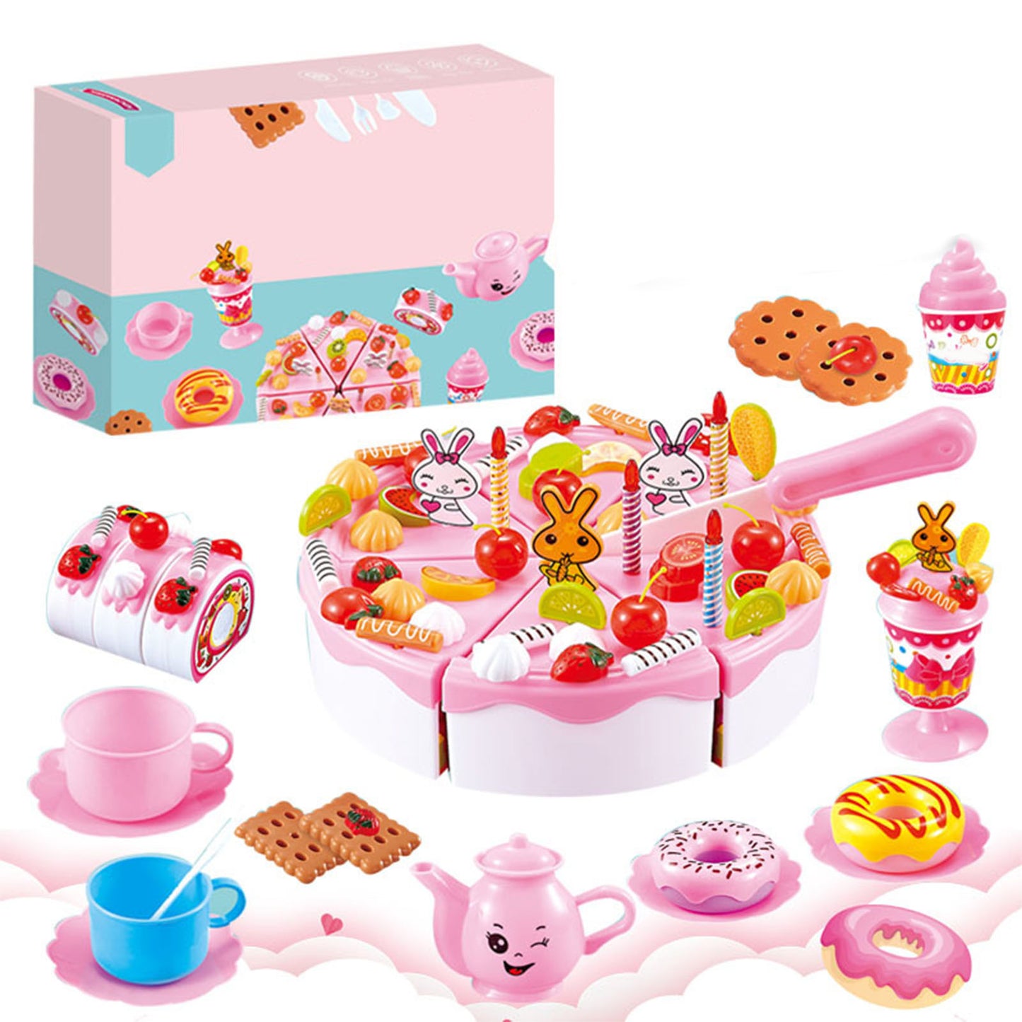 99 Pcs Birthday Cake Toy Plastic Kitchen Cutting Toy for Kids DIY Play Food Set Pretend Play Toys Birthday Party Kits for Girls 3+ Years Pink