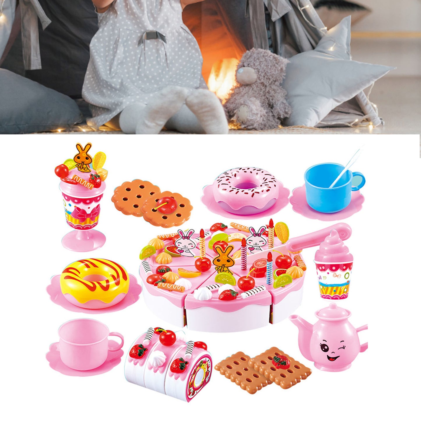 99 Pcs Birthday Cake Toy Plastic Kitchen Cutting Toy for Kids DIY Play Food Set Pretend Play Toys Birthday Party Kits for Girls 3+ Years Pink