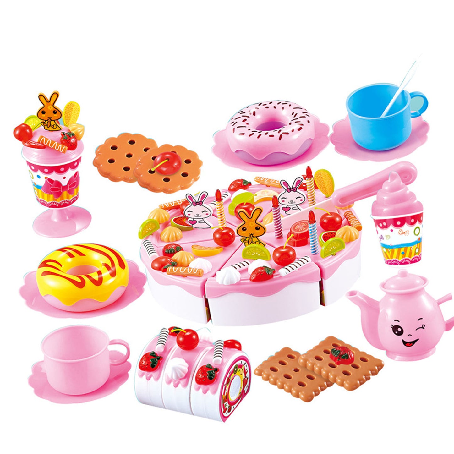 99 Pcs Birthday Cake Toy Plastic Kitchen Cutting Toy for Kids DIY Play Food Set Pretend Play Toys Birthday Party Kits for Girls 3+ Years Pink