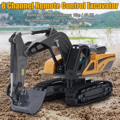 Remote Control Excavator Toys with Metal Shovel & Lights, 8 Channel RC Truck Rechargeable Tractor Toy Gift for Boys Girls Kids 3-8 Years Old