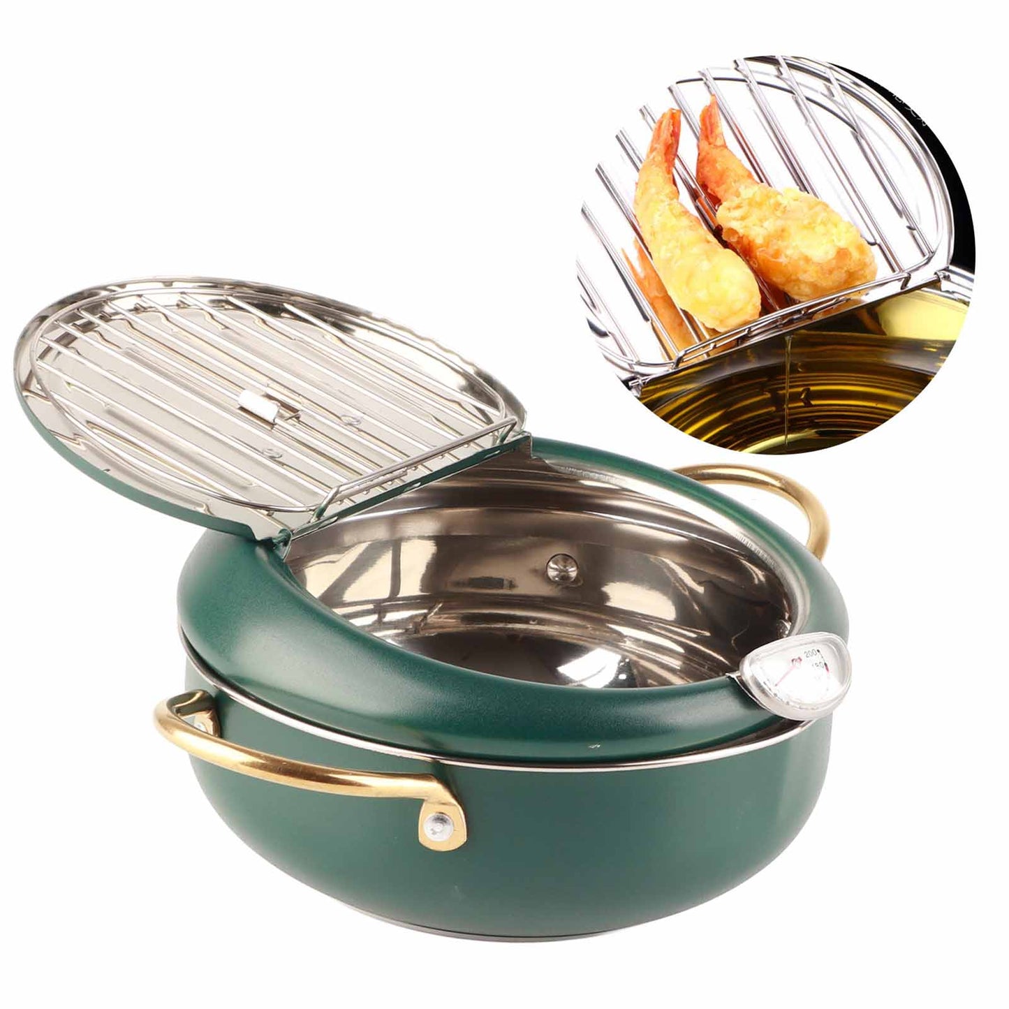 ACOUTO Tempura Deep Frying Pot With Thermometer And Oil Drip Rack Japanese Stainless Steel Fryer Pan For Induction Cooker, For Frying Chicken French Fries Frying Fish And Shrimp (deep Green)