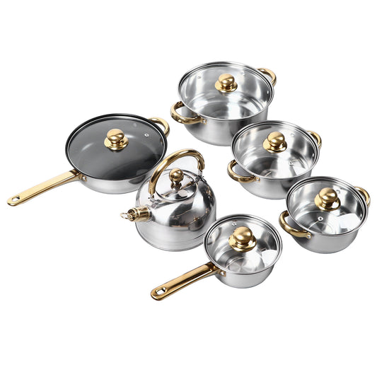 Nonstick Pots And Pans Set, 12 Piece Stainless Steel Non-stick Kitchen Cookware Set Golden Handle Easy Clean