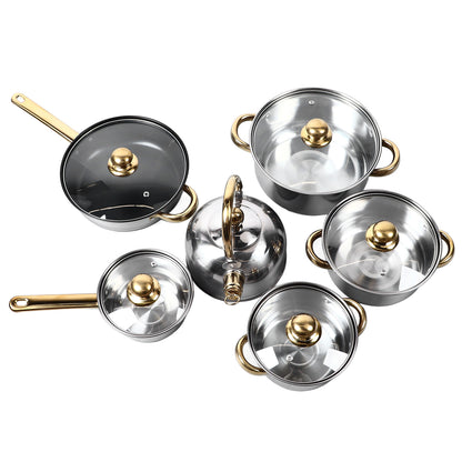 Nonstick Pots And Pans Set, 12 Piece Stainless Steel Non-stick Kitchen Cookware Set Golden Handle Easy Clean