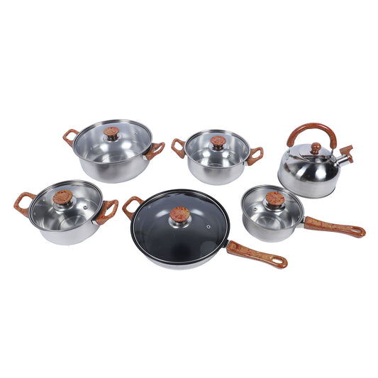 Stainless Steel 12 Piece Non-Stick Cookware Set, Saucepan Stock Pot Non Stick Frying Pan Tea Kettle Kitchen Cooking Set, Easy Care, Silver