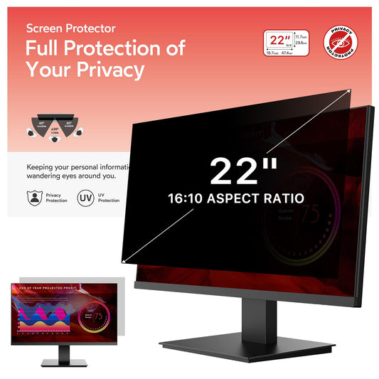 22" Computer Privacy Screen Filter for 16:10 Aspect Ratio Widescreen Computer Monitor Protector Shield, Anti-Glare Anti-Scratch Anti Blue Light Desktop PC Monitor Private Protector Film