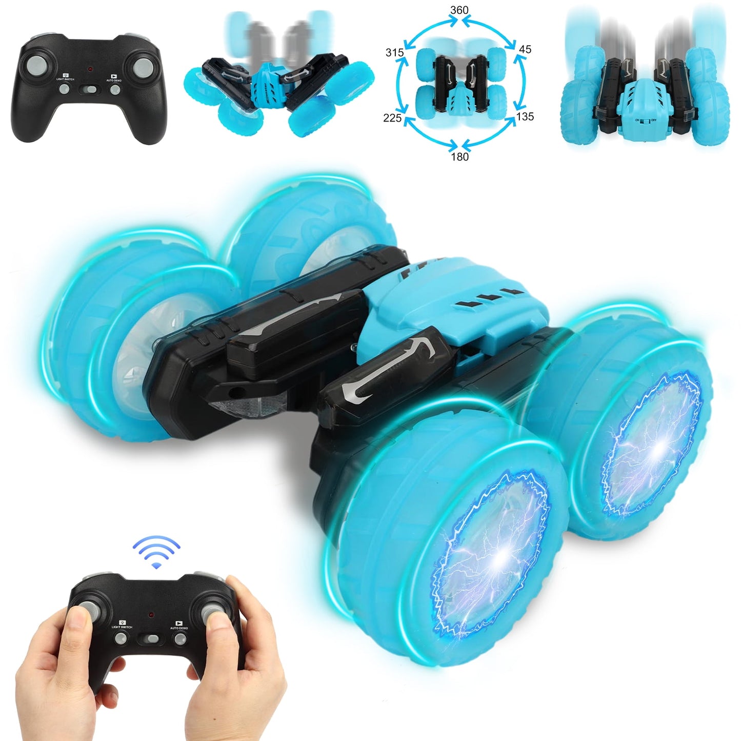 RC Stunt Car with Sound & LED Light Letters Double-Sided Drift 360-degree Flips Rotating Car Toy for Kids 3-12 Year Old, 4WD Remote Control Stunt Car for Boys Kids Girls, Blue