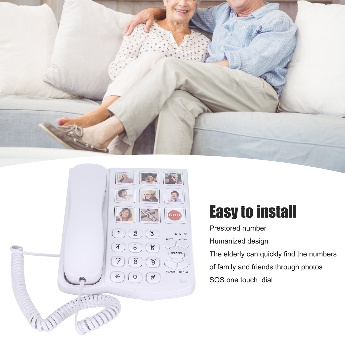 Big Button Telephone, Easy To Read Amplified Photo Memory Corded Landline For Seniors Elderly