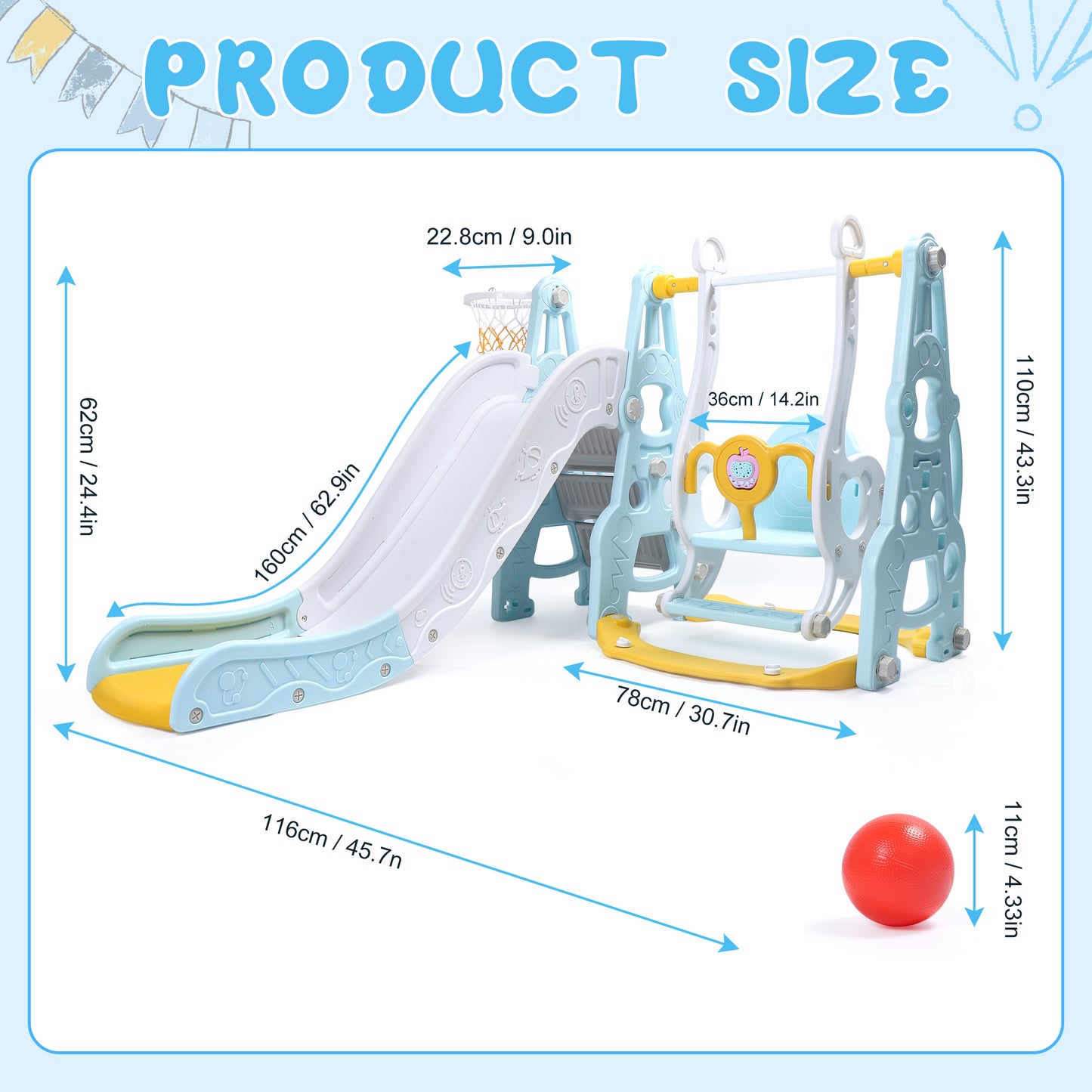 Crtynell 4 in 1 Toddler Slide and Swing Set Kid Slide for Toddlers Age 1-3 Baby Slide with Basketball Hoop, Indoor Outdoor Slide Toddler Playset Toddler Playground