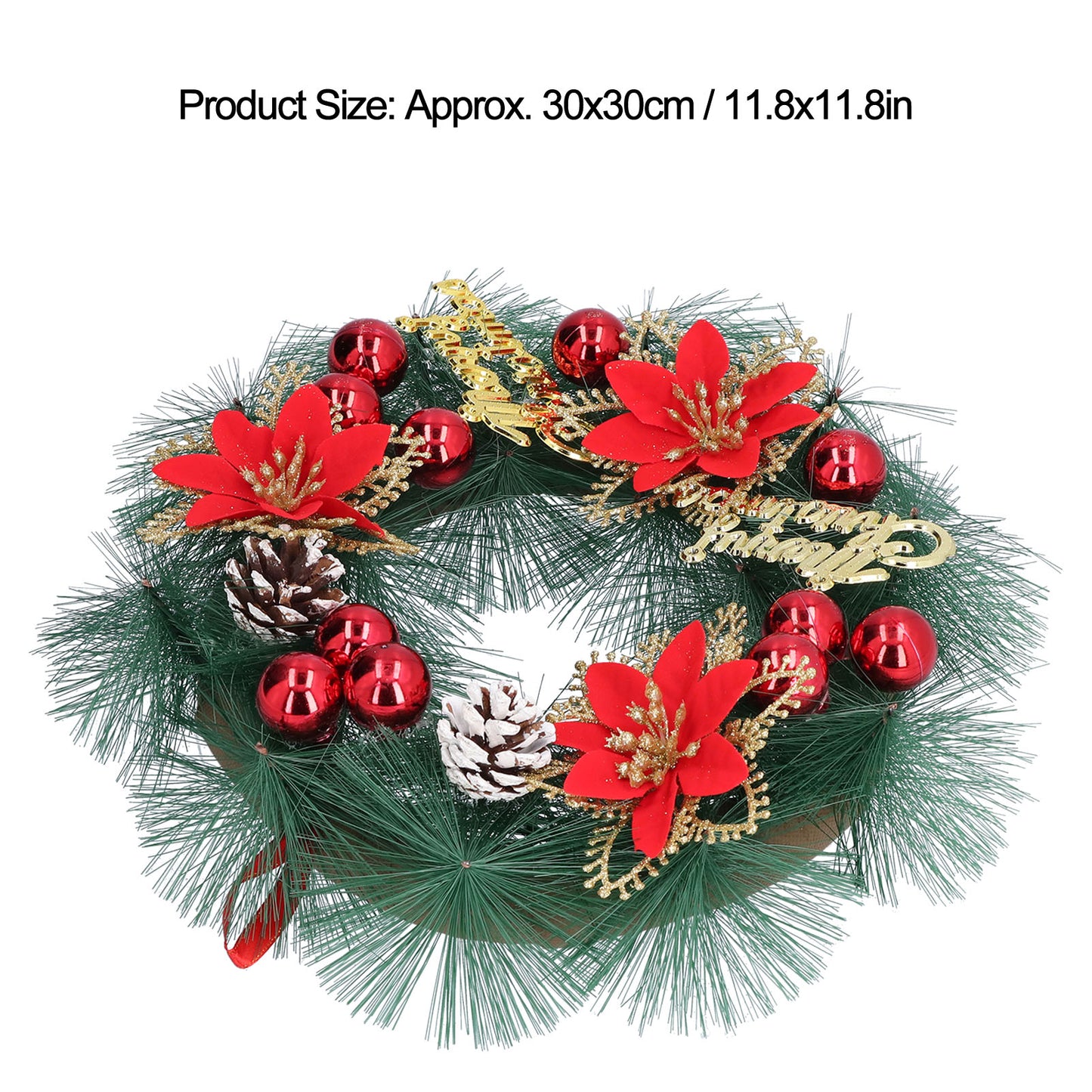 12in Christmas Wreaths For Front Door Indoor/Outdoor Christmas Decoration Wreath With Three Red Flowers Pine Cones Fruits Leaves