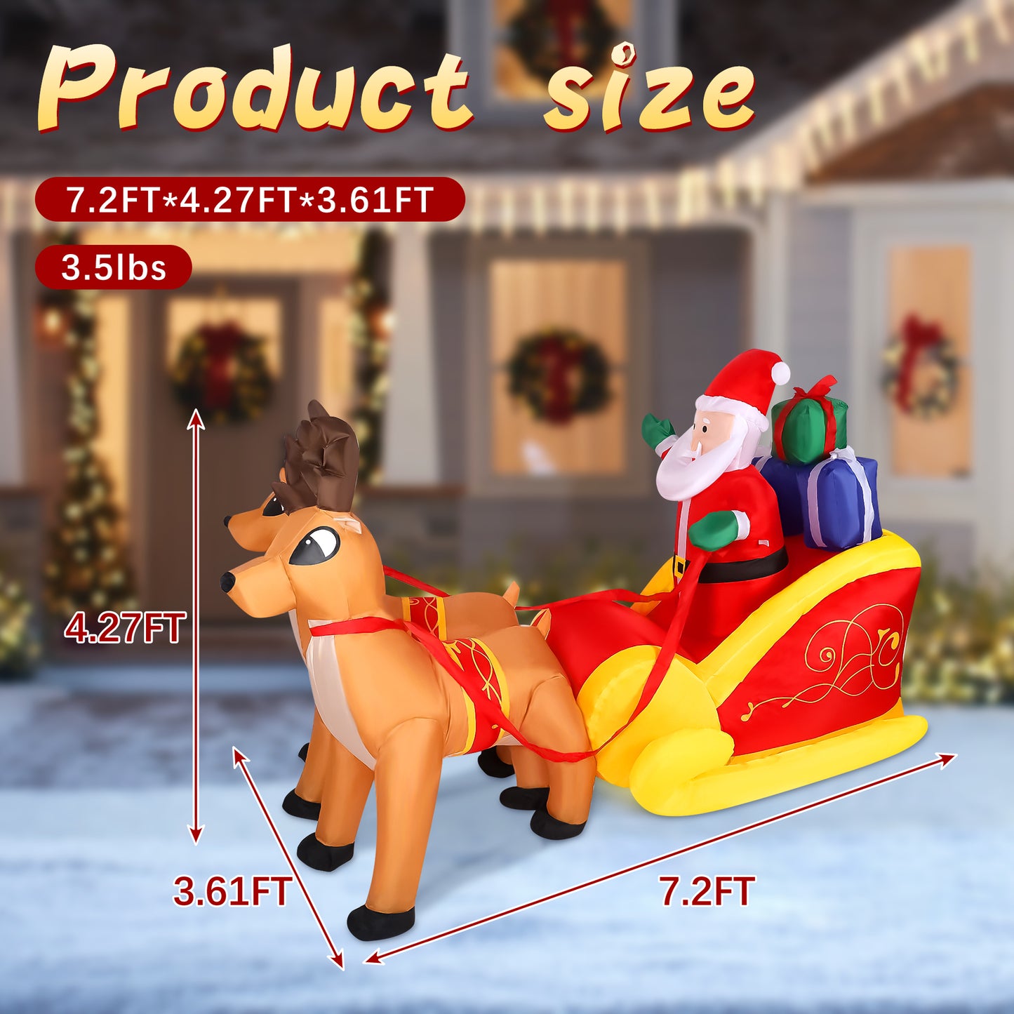 7FT Inflatable Father Christmas On Sleigh with Reindeer Polyester Fiber Christmas Blow Up Yard Decoration