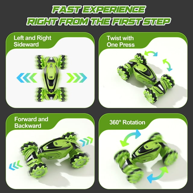 FAGINEY Gesture RC Cars 1: 18 Drift Hand Control RC Stunt Car, 60 Min Running Time, 2 Batteries, 4WD Remote Control Twist Cars with Music Lights for 6-12 Years Old, Green