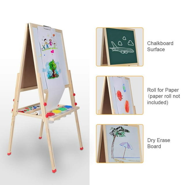 EBTOOLS Kids Wooden Art Easel, Double Sided Whiteboard Chalkboard Children Easel,Adjustable Height Dry Easel Drawing with Kids Art Easel Playset for Boys Girls Gifts Painting Accessories