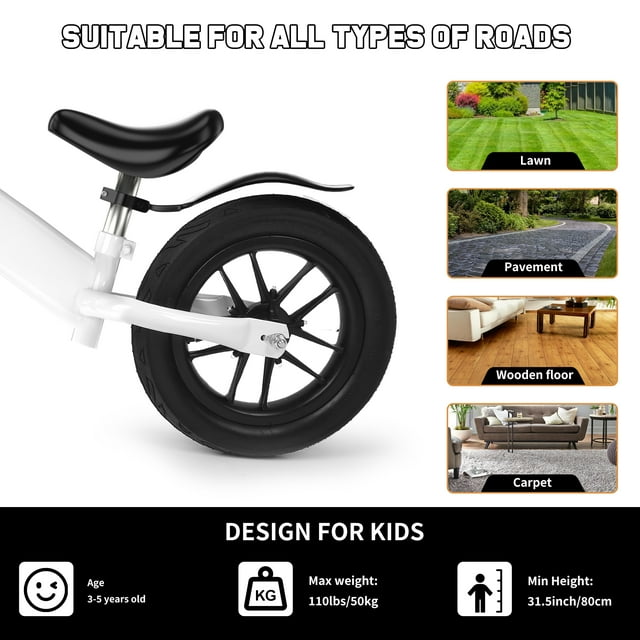 Kids 12inch Balance Bike Colorful Lighting up Wheels No Pedal Bikes for 2 3 4 5 Toddlers Boys Girls, White