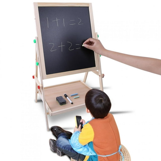 AMONIDA Art Easel for Kids Wooden Toddler Easel Double Sided Standing Chalkboard Dry Erase Board for Kids Toddler Drawing Board with Accessories, Blackboard & Whiteboard for Kids