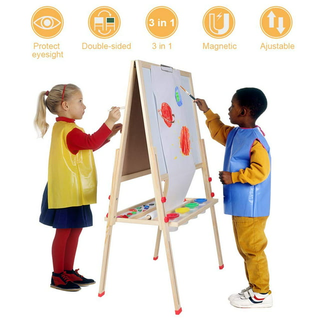 EBTOOLS Kids Wooden Art Easel, Double Sided Whiteboard Chalkboard Children Easel,Adjustable Height Dry Easel Drawing with Kids Art Easel Playset for Boys Girls Gifts Painting Accessories