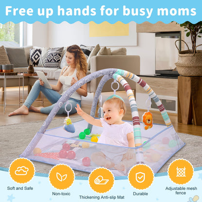 Baby Gym Mat 3 in 1 Tummy Time Baby Activity Gym with 5 Sensory Toys, Ocean Balls, Floor Crawling Mat for Newborn Toddlers