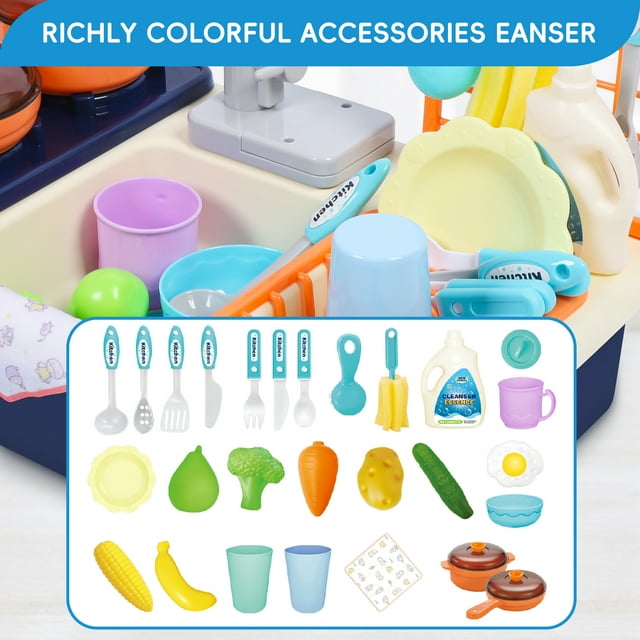 Kids Kitchen Playset with Stove, Pots, Pans, Pretend Food, Sounds, Lights, 27pcs Accessories Kitchen Sink Toy Fun Learning Dishwasher Toy for Toddlers & Children, Blue