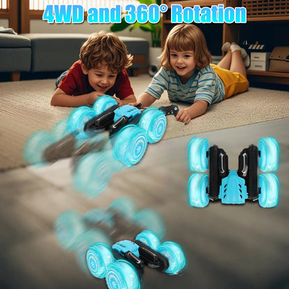 RC Stunt Car with Sound & LED Light Letters Double-Sided Drift 360-degree Flips Rotating Car Toy for Kids 3-12 Year Old, 4WD Remote Control Stunt Car for Boys Kids Girls, Blue