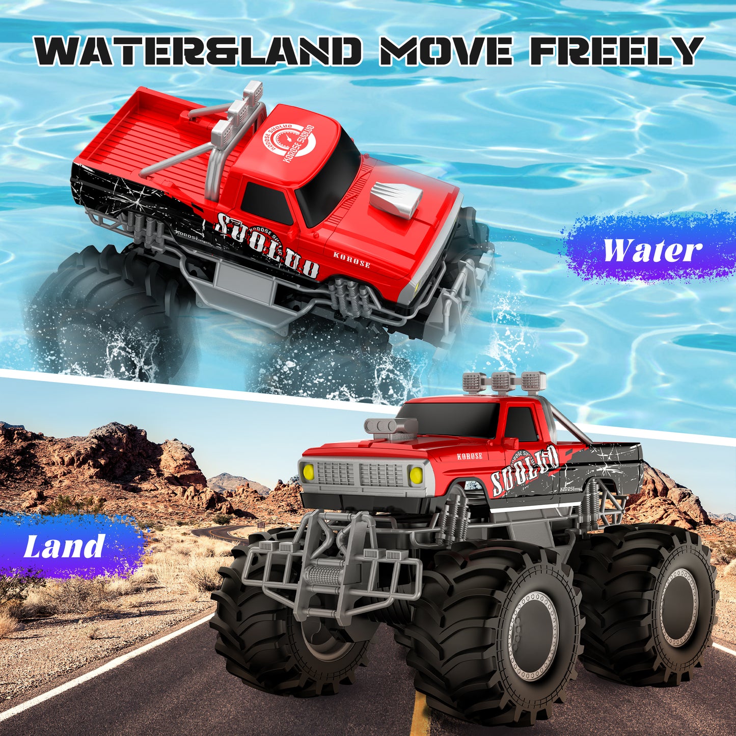 RC Cars for Water Land 1:16 Amphibious Remote Control Cars for Boys Girls 4-7, Waterproof Monster Truck All Terrain Off-Road Pool Toys Remote Control Boat Gifts for Kids Age 5 6 7 8 9 10