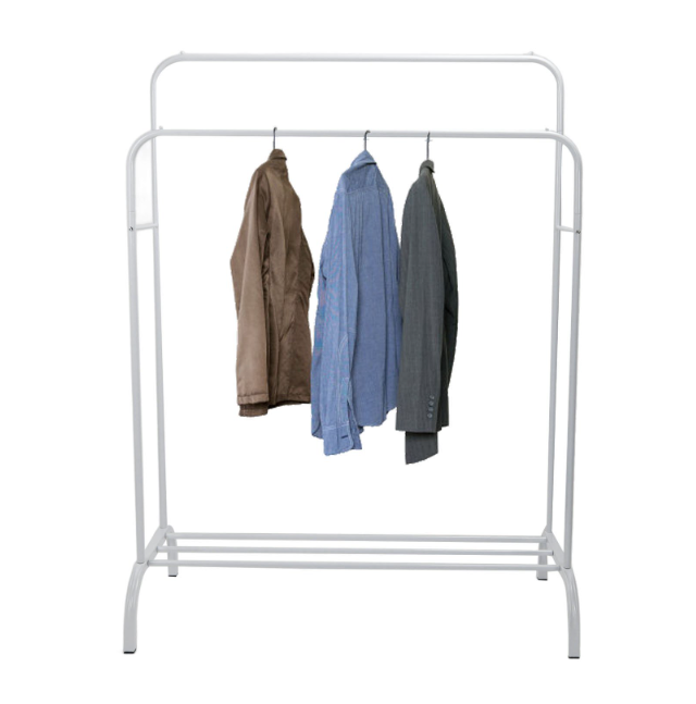 Double Rod Clothing Racks for Hanging Clothes,Clothes Rack Heavy Duty with Lower Storage Shelf for Boxes Shoes Boots,Height 59 in White