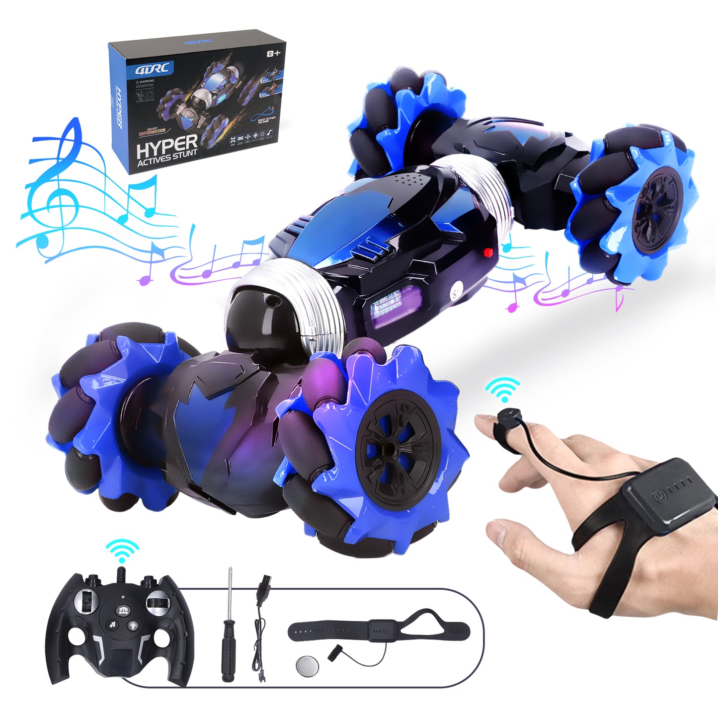 FAGINEY RC Stunt Car with Lights Music Rotating Strong Power RC Crawler for Gift Blue