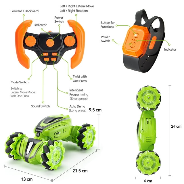 FAGINEY Gesture RC Cars 1: 18 Drift Hand Control RC Stunt Car, 60 Min Running Time, 2 Batteries, 4WD Remote Control Twist Cars with Music Lights for 6-12 Years Old, Green