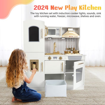 FAGINEY Wooden Kids Kitchen Playset with Running Water Lights & Sound, Play Kitchen Pretend Play Toy Set for Toddler 1 2 3 Years Old