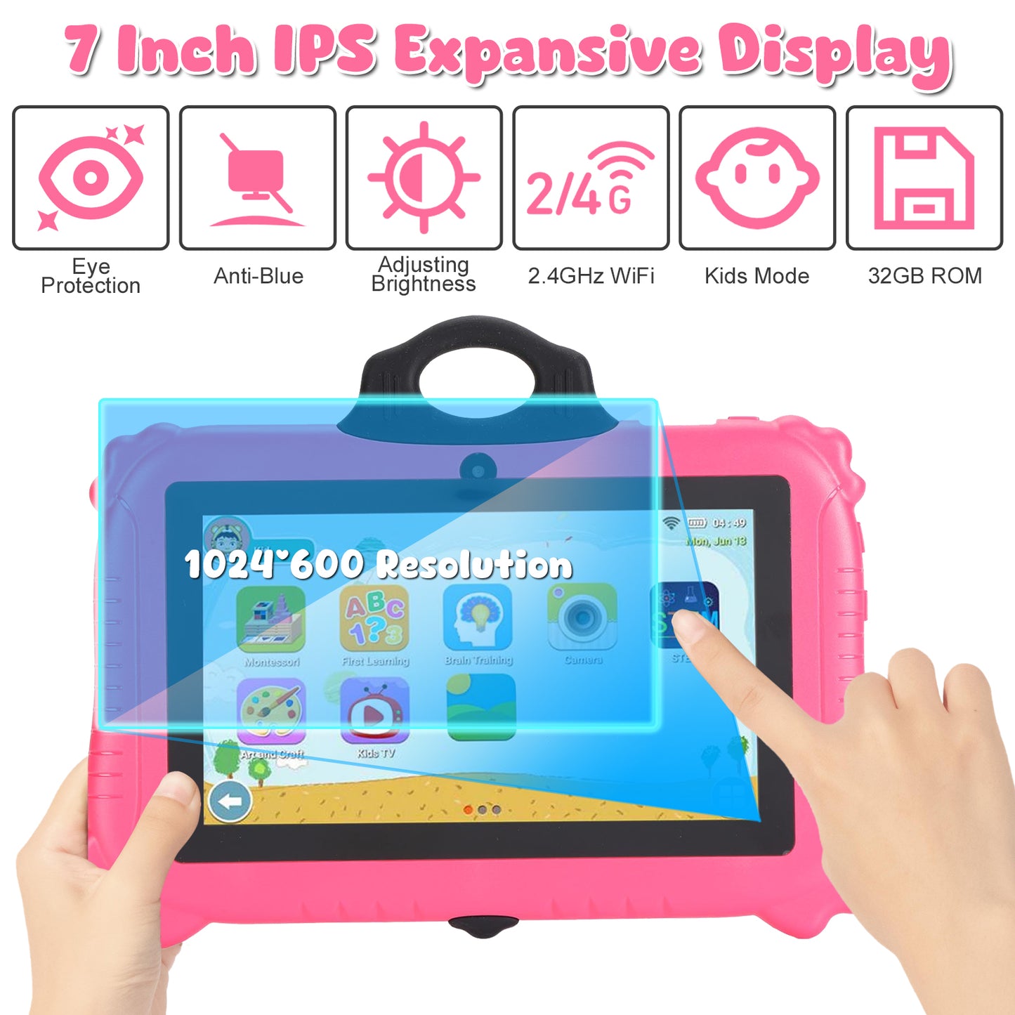 7" Kids Tablets, Android 11 Tablets for Kids Pre-Installed Learning Tablet Apps with 2GB RAM 32GB ROM Bluetooth WiFi Supports 128GB Expansion for Toddlers Children (Pink)