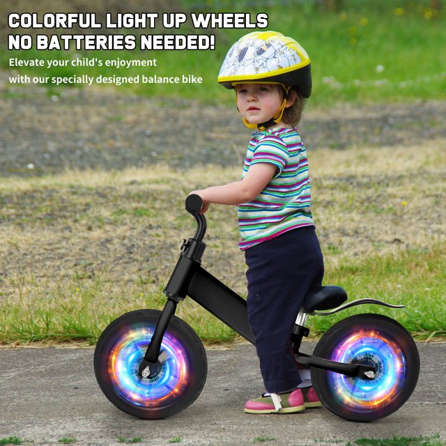 Kids 12inch Balance Bike Colorful Lighting up Wheels No Pedal Bikes for 2 3 4 5 Toddlers Boys Girls, Black