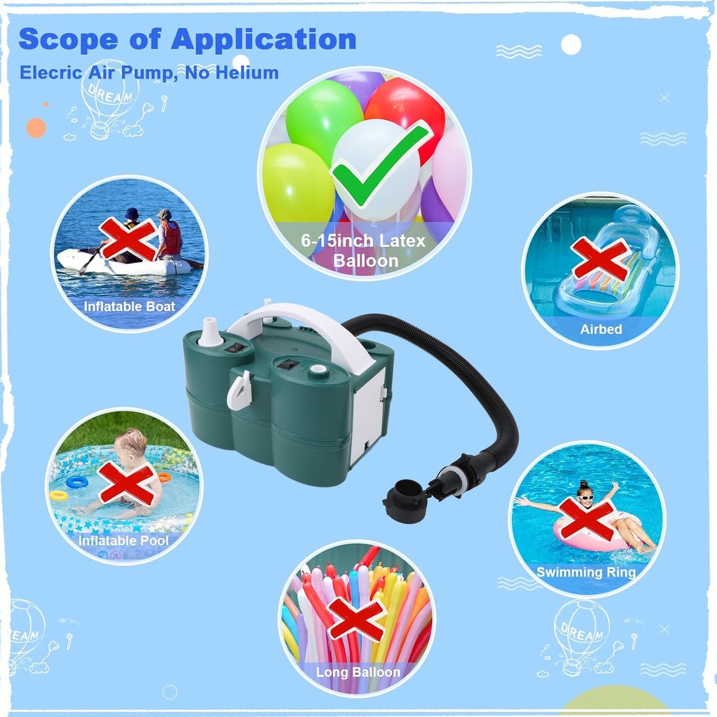 Electric Balloon Pump, 3-in-1 Air Pump for Inflatables and Balloons, for Latex 260q Foil Balloons, Quick-Fill 600W 110V AC Inflator Deflator for Pool Floats Air Mattress