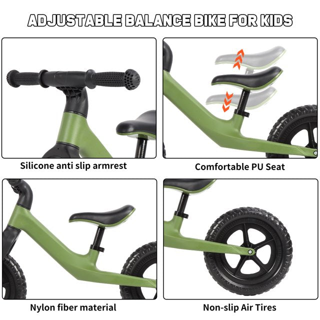 12" Balance Bike for Kids Toddlers Age 18 Months to 5 Years Old Boys Girls Baby Balance Bike Bicycle Gift for 2-4 yrs Old, Green