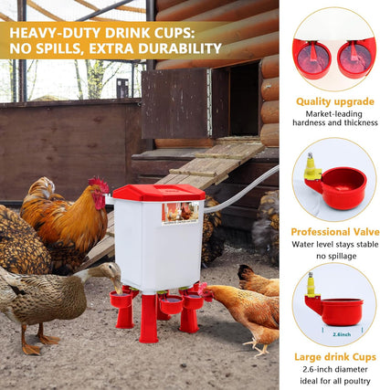 Crtynell Automatic chicken waterer with float control for continuous water supply, Freestanding poultry waterer with adjustable legs, connects to extension hose, suitable for chickens, ducks, turkeys