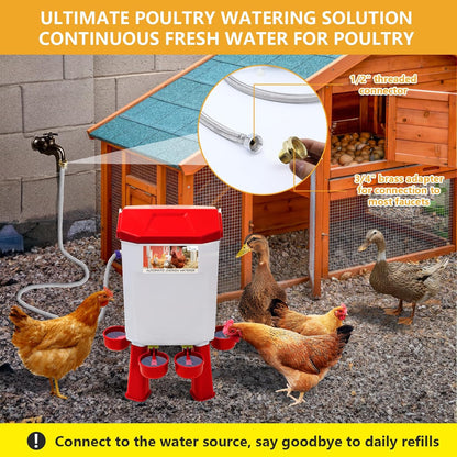 Crtynell Automatic chicken waterer with float control for continuous water supply, Freestanding poultry waterer with adjustable legs, connects to extension hose, suitable for chickens, ducks, turkeys