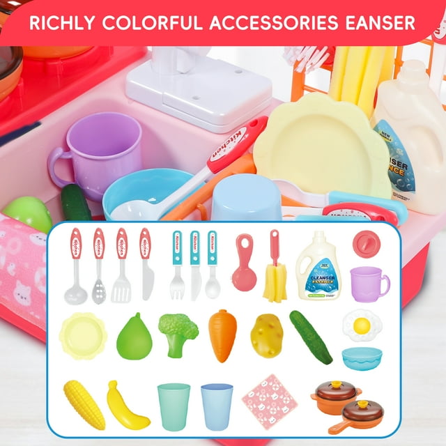 Kids Kitchen Playset with Stove, Pots, Pans, Pretend Food, Sounds, Lights, 27pcs Accessories Kitchen Sink Toy Fun Learning Dishwasher Toy for Toddlers & Children, Pink